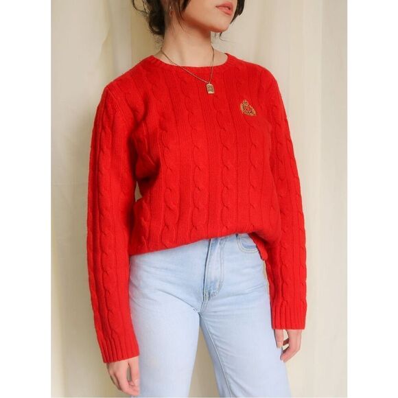 Lauren By Ralph Lauren Vintage 90’s Red 100% Lambs Wool Cable Knit Sweater - Picture 1 of 12